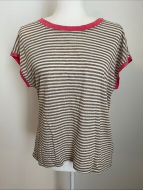 Eileen Fisher Taupe White Striped Linen Tee with Pink Coral Trim XS short sleeve
